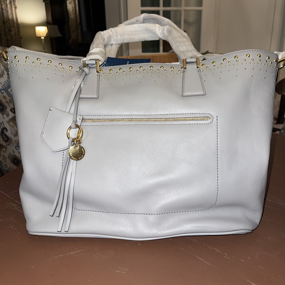 Cole Haan handbag new large Adjustable Strap Gold Trim Gray Studded - Picture 2 of 13